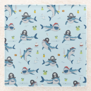 Pirate Shark Doodle Illustration Glass Coaster