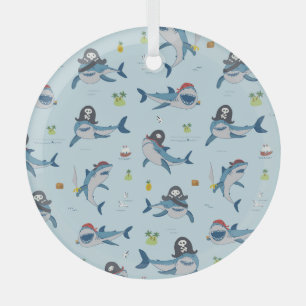 Pirate Shark Doodle Illustration Glass Tree Decoration