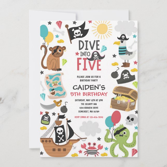 Pirate Ship 5th Birthday Dive Into Five Invitation (Front)