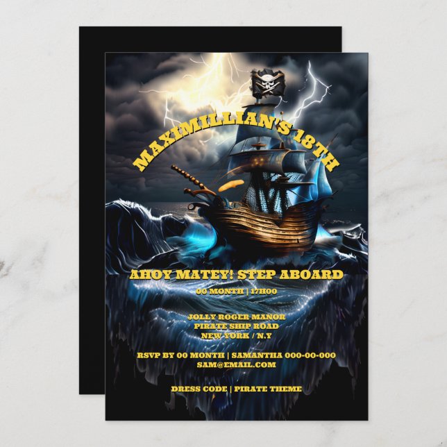 Pirate ship adults theme party kids themed invitation (Front/Back)