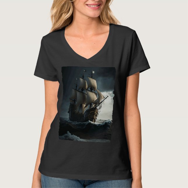 Pirate Ship Adventure Unique Rough Sea T-Shirt (Front)