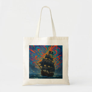 Pirate Ship Amidst Stormy Sea Oil Painting Style Tote Bag