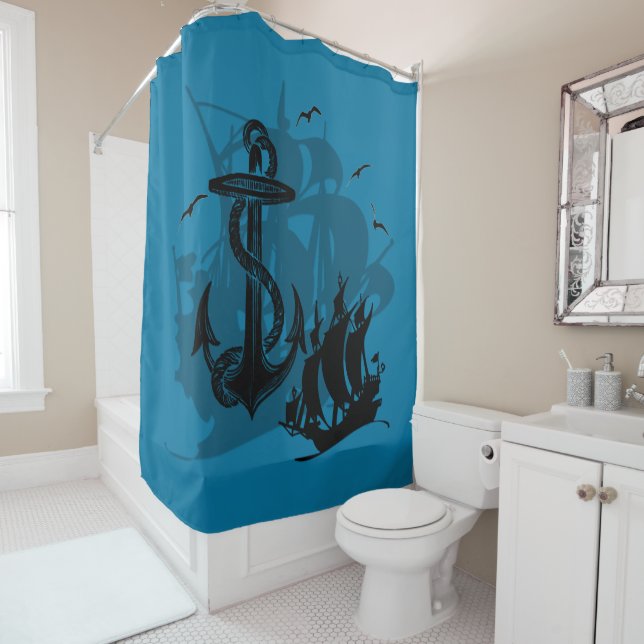 Pirate Ship & Anchor Black Silhouette 2 Shower Curtain (In Situ)