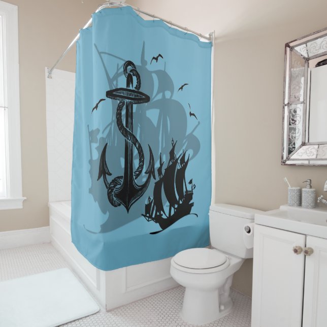 Pirate Ship & Anchor Black Silhouette Curtain (In Situ)
