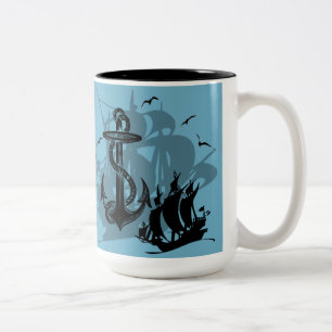 Pirate Ship & Anchor Black Silhouette Mug 2
