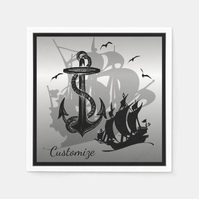 Pirate Ship & Anchor Black Silhouette Napkins 2 (Front)