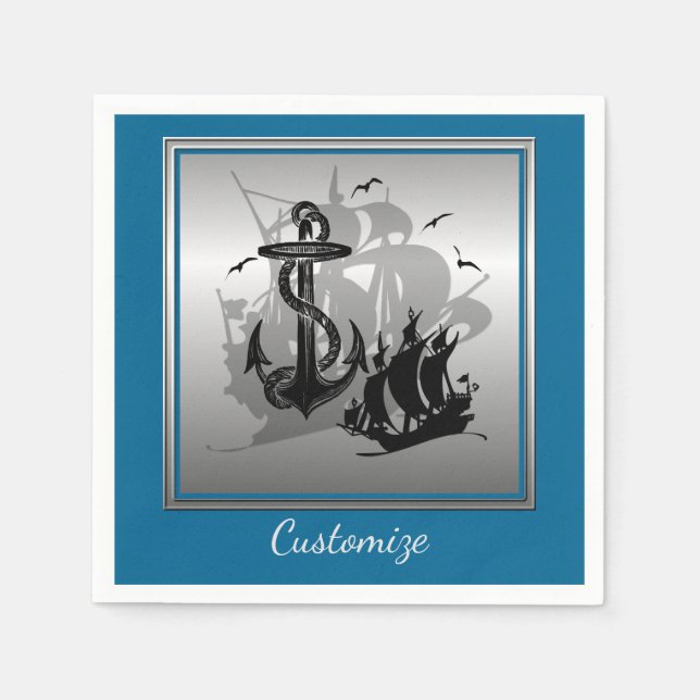 Pirate Ship & Anchor Black Silhouette Napkins 4 (Front)