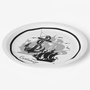 Pirate Ship & Anchor Black Silhouette Paper Plates