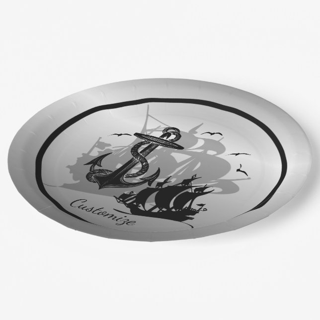 Pirate Ship & Anchor Black Silhouette Paper Plates (Angled)