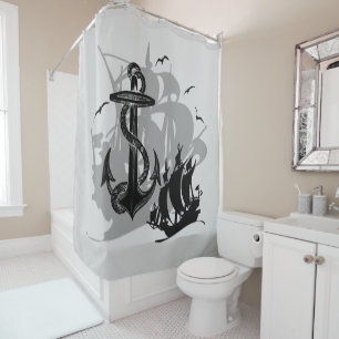 Pirate Ship & Anchor Black Silhouette Shower Curtain