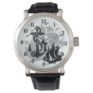 Pirate Ship & Anchor Black Silhouette Watch