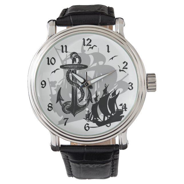 Pirate Ship & Anchor Black Silhouette Watch (Front)