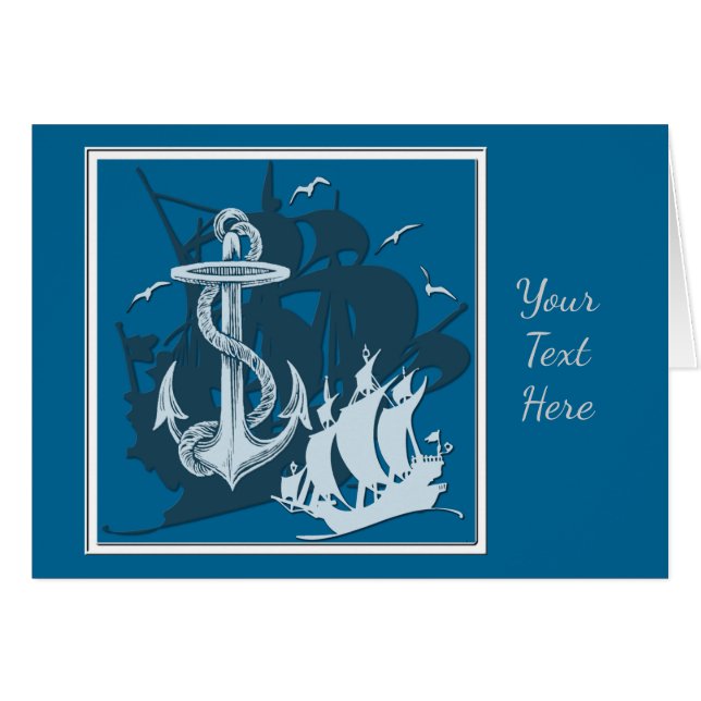 Pirate Ship & Anchor White Silhouette Card (Front Horizontal)