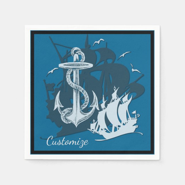 Pirate Ship & Anchor White Silhouette Napkins (Front)