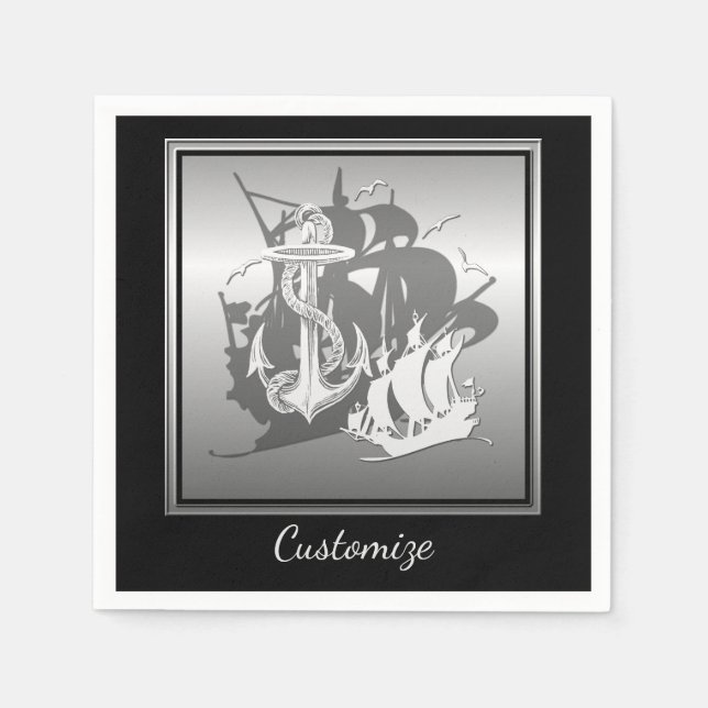 Pirate Ship & Anchor White Silhouette Napkins 2 (Front)