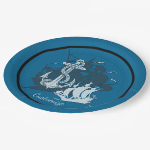 Pirate Ship & Anchor White Silhouette Paper Plates