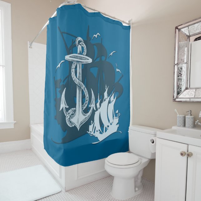 Pirate Ship & Anchor White Silhouette Shower Curtain (In Situ)