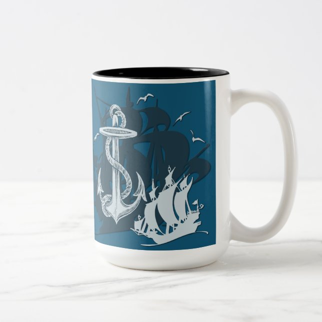 Pirate Ship & Anchor White Silhouette Two-Tone Coffee Mug (Right)