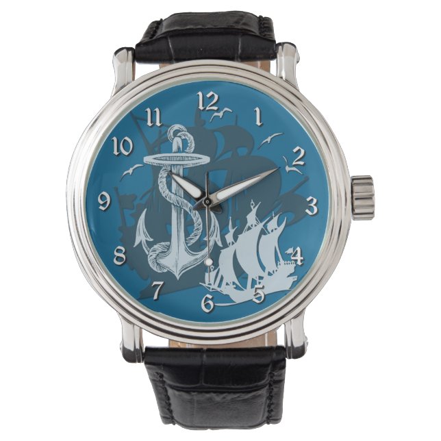 Pirate Ship & Anchor White Silhouette Watch (Front)