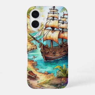 Pirate Ship Arriving at a Tropical Island iPhone 16 Case