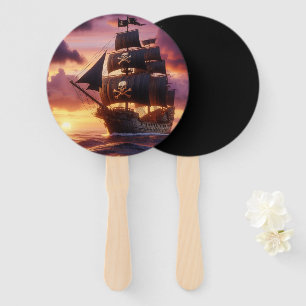 Pirate ship at sunrise/sunset hand fan