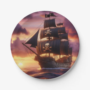 Pirate ship at sunrise/sunset paper plate