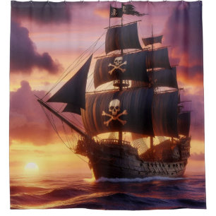 Pirate ship at sunrise/sunset  shower curtain
