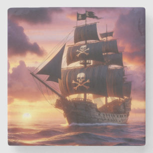 Pirate ship at sunrise/sunset  stone coaster