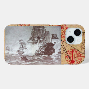 PIRATE SHIP BATTLE / ANTIQUE PIRATES TREASURE MAPS iPhone 15 CASE