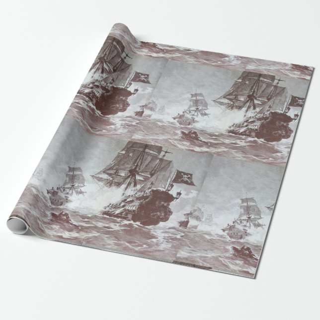 PIRATE SHIP BATTLE Black White Grey Hues Wrapping Paper (Unrolled)
