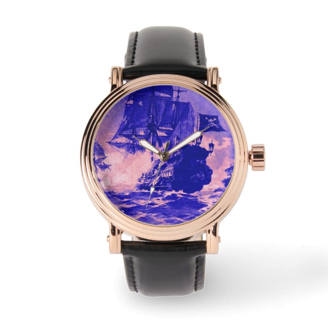 PIRATE SHIP BATTLE ,BLUE PINK NAUTICAL WATCH (Front)