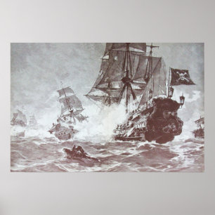 PIRATE SHIP BATTLE IN BLACK AND WHITE POSTER
