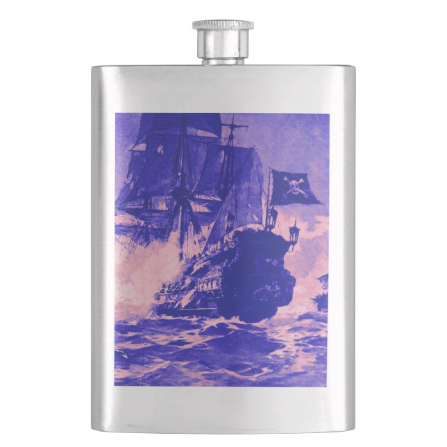 PIRATE SHIP BATTLE IN blue pink Hip Flask (Front)