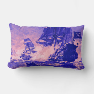 PIRATE SHIP BATTLE IN blue pink Lumbar Cushion