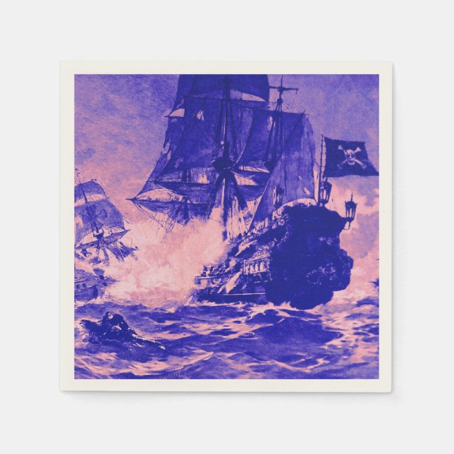 PIRATE SHIP BATTLE IN blue pink Napkin (Front)