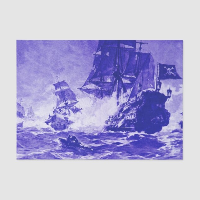 PIRATE SHIP BATTLE IN blue Tissue Paper (Front)