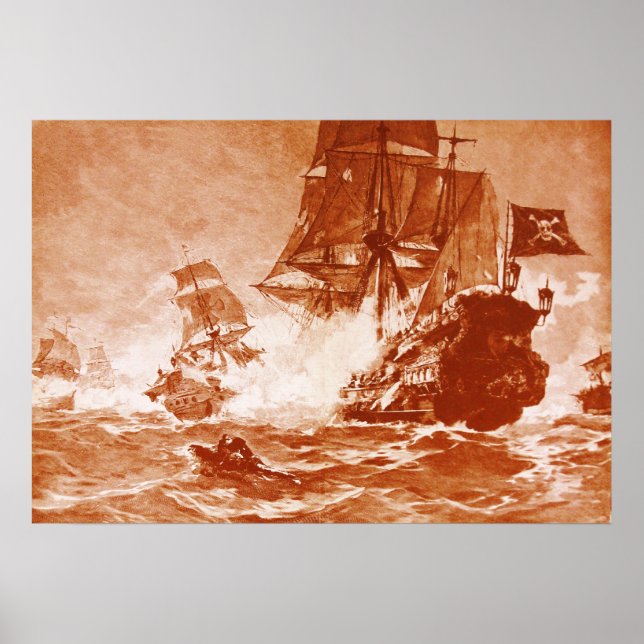 PIRATE SHIP BATTLE IN BROWN SEPIA POSTER (Front)