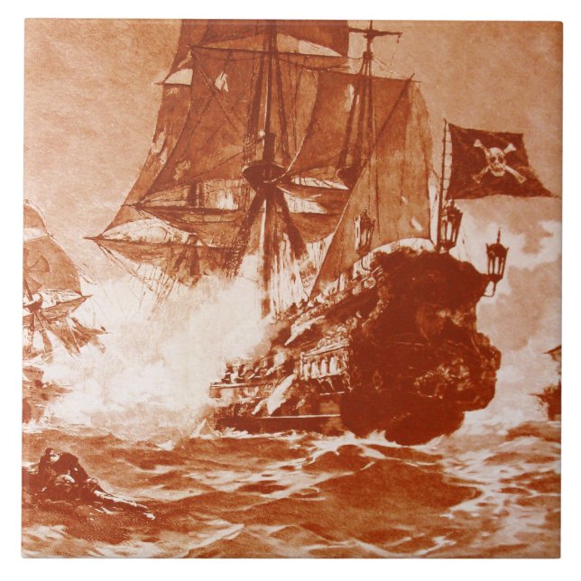PIRATE SHIP BATTLE IN brown sepia Tile (Front)