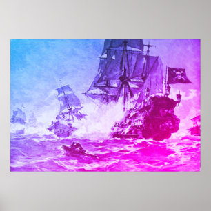 PIRATE SHIP BATTLE IN PURPLE BLUE POSTER
