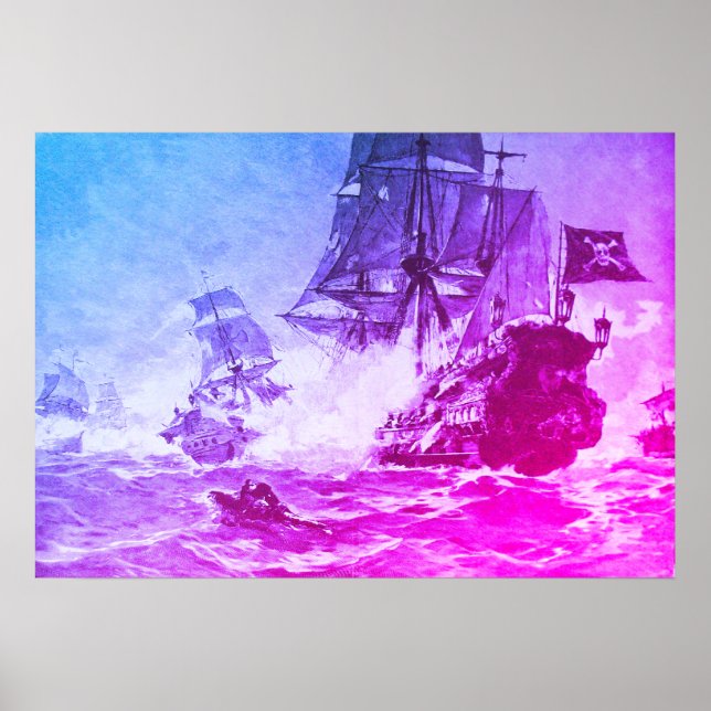 PIRATE SHIP BATTLE IN PURPLE BLUE POSTER (Front)