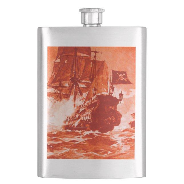 PIRATE SHIP BATTLE IN red Hip Flask (Front)