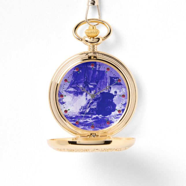 PIRATE SHIP BATTLE Navy Blue Nautical Watch (Front)
