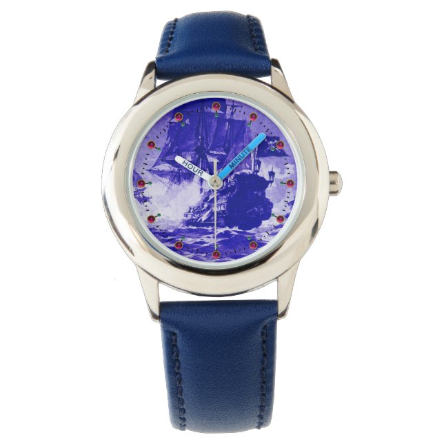 PIRATE SHIP BATTLE Navy Blue Nautical Watch (Front)