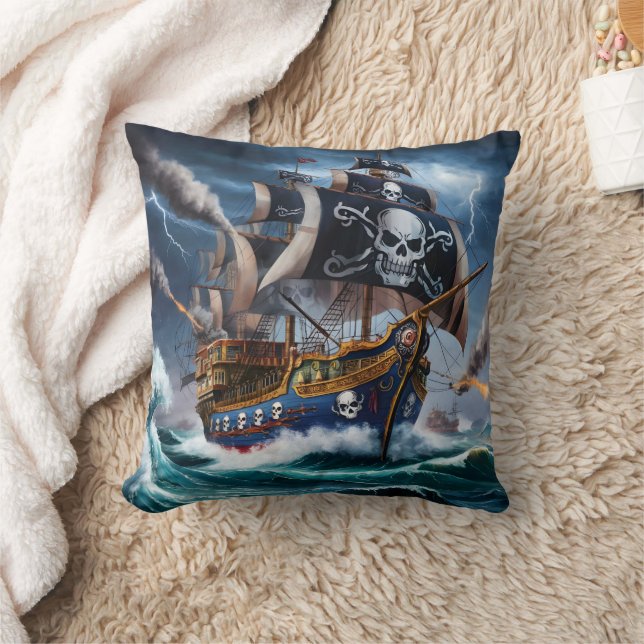 Pirate Ship Battling Stormy Seas at Dusk Cushion (Blanket)