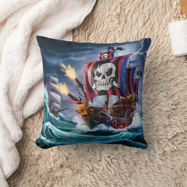 Pirate Ship Battling Stormy Seas at Dusk Cushion (Blanket)