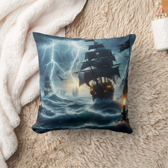 Pirate Ship Battling Stormy Seas at Dusk Cushion (Blanket)