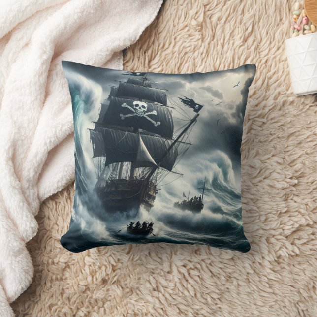 Pirate Ship Battling Stormy Seas at Dusk Cushion (Blanket)