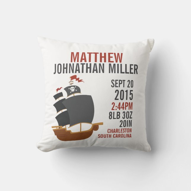 Pirate Ship Birth Announcement Nursery Pillow (Front)
