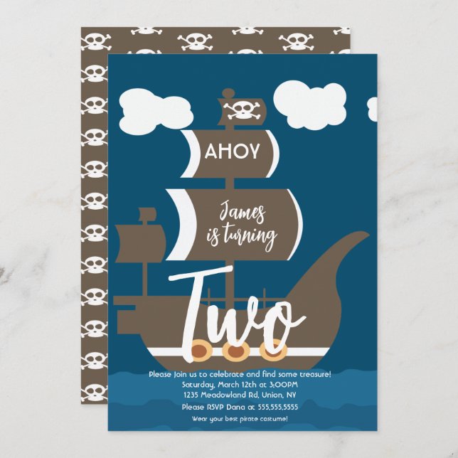 Pirate Ship Birthday Ahoy Party Any Age Brown Invitation (Front/Back)