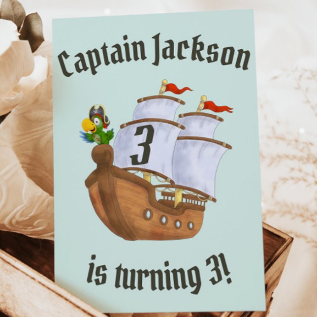 Pirate Ship Birthday Name & Age Invitation (Children's pirate birthday party card with boat and parrot and age on the sail)